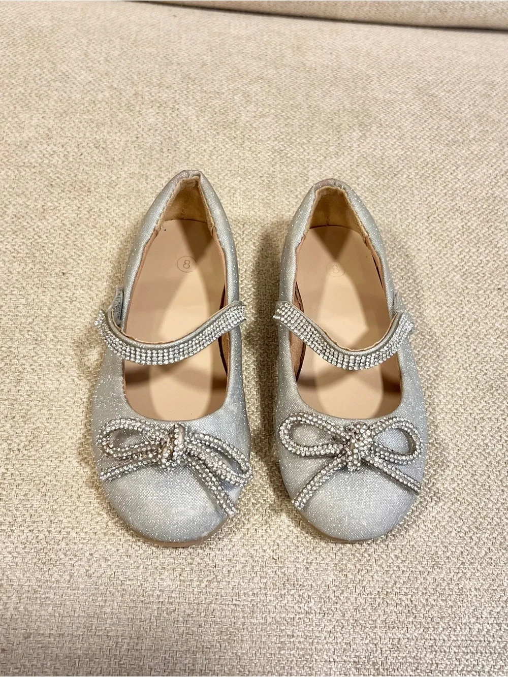 Toddler Girls Size 8 Silver Glitter Rhinestone Bow Mary Jane Flats Dress Shoes